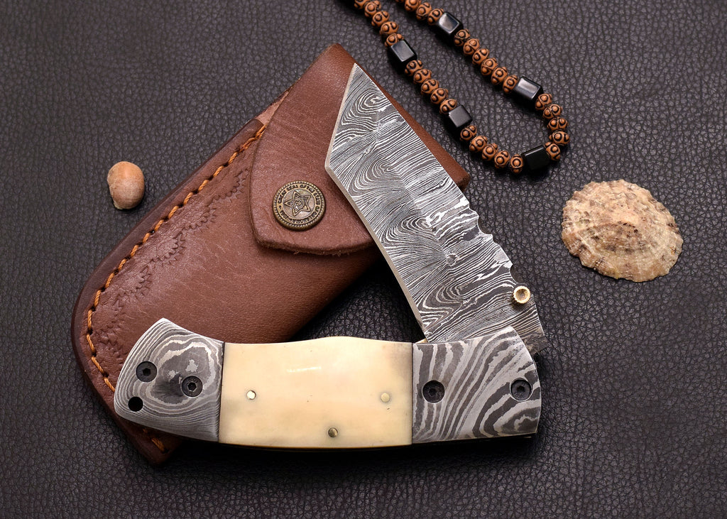 Driftbone Damascus folding EDC knife with cream bone handle
