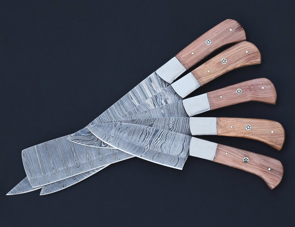Sunwood Damascus chef knife set with light honey wood handles