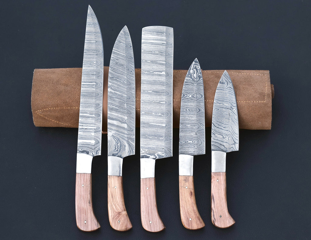 Sunwood Damascus chef knife set with light honey wood handles