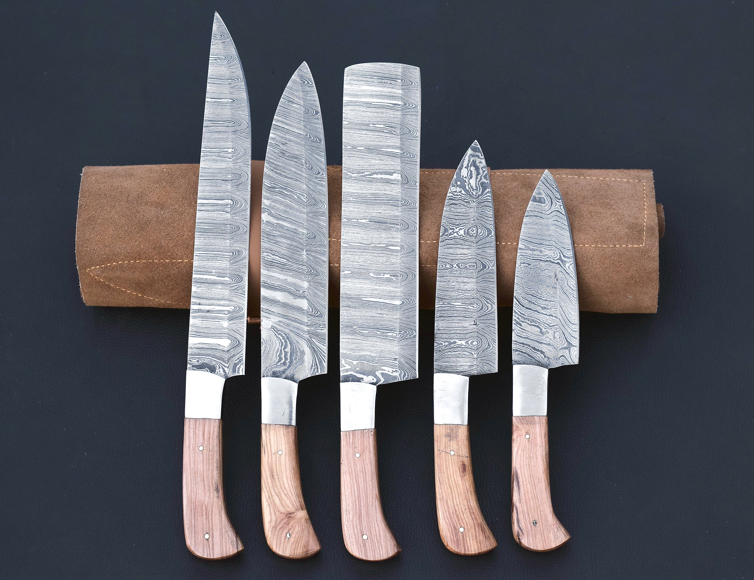 Sunwood Damascus chef knife set with light honey wood handles
