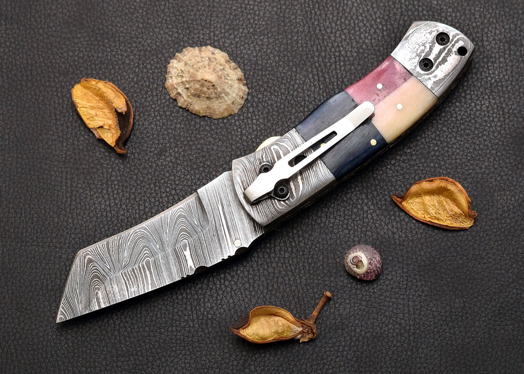 Prairie Tricolor Damascus folding EDC knife with tri-colour handle