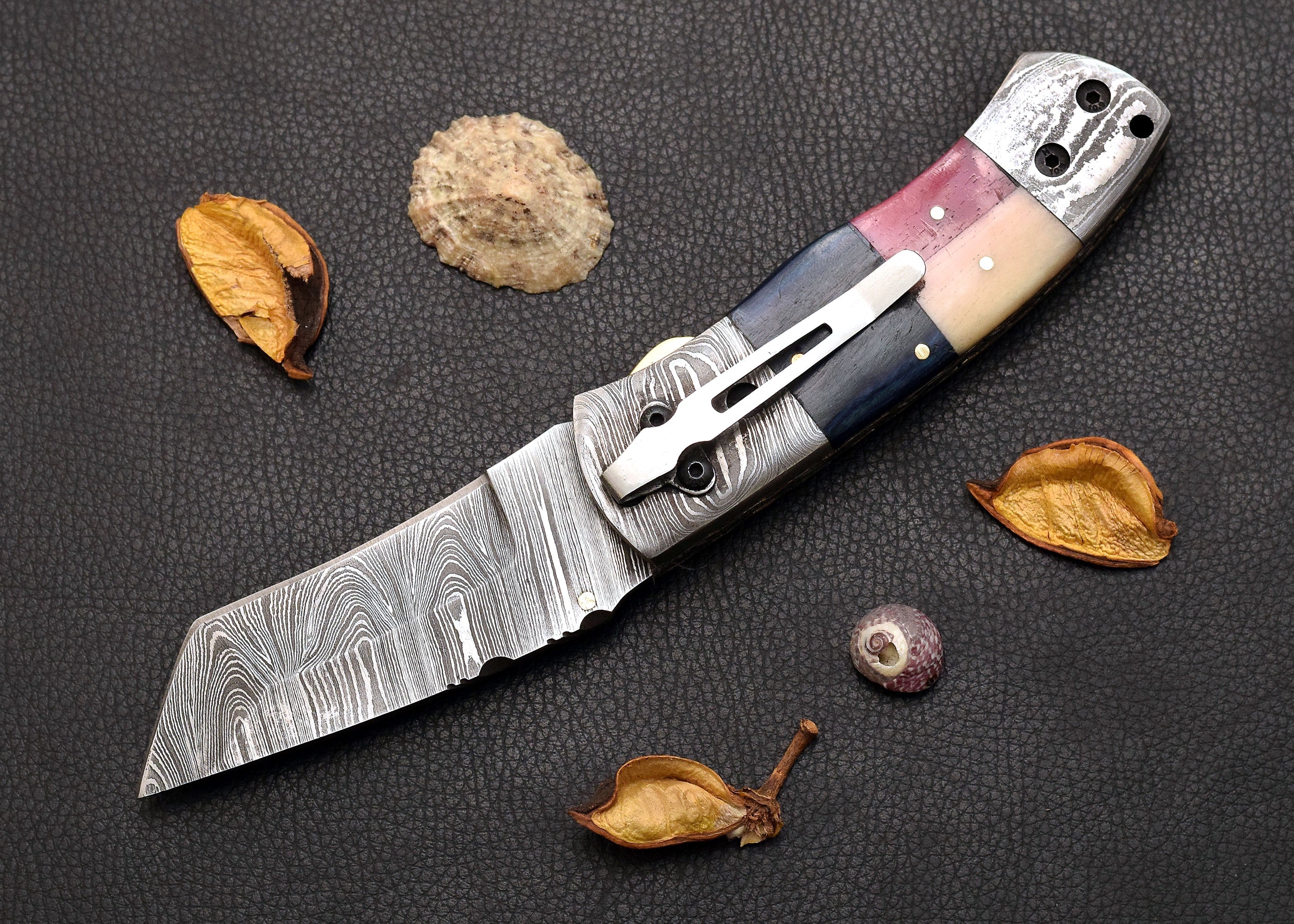 Prairie Tricolor Damascus folding EDC knife with tri-colour handle