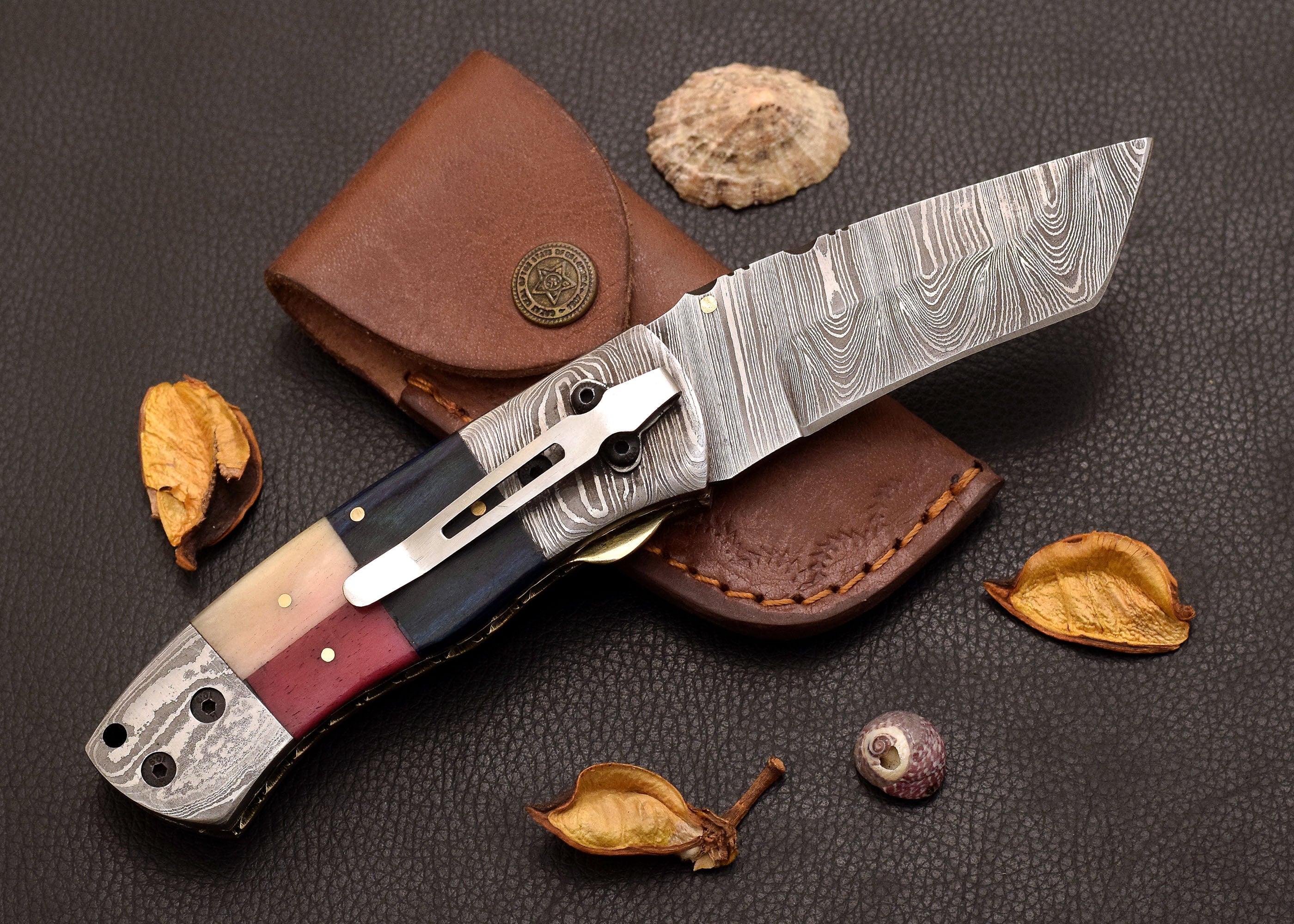 Prairie Tricolor Damascus folding EDC knife with tri-colour handle