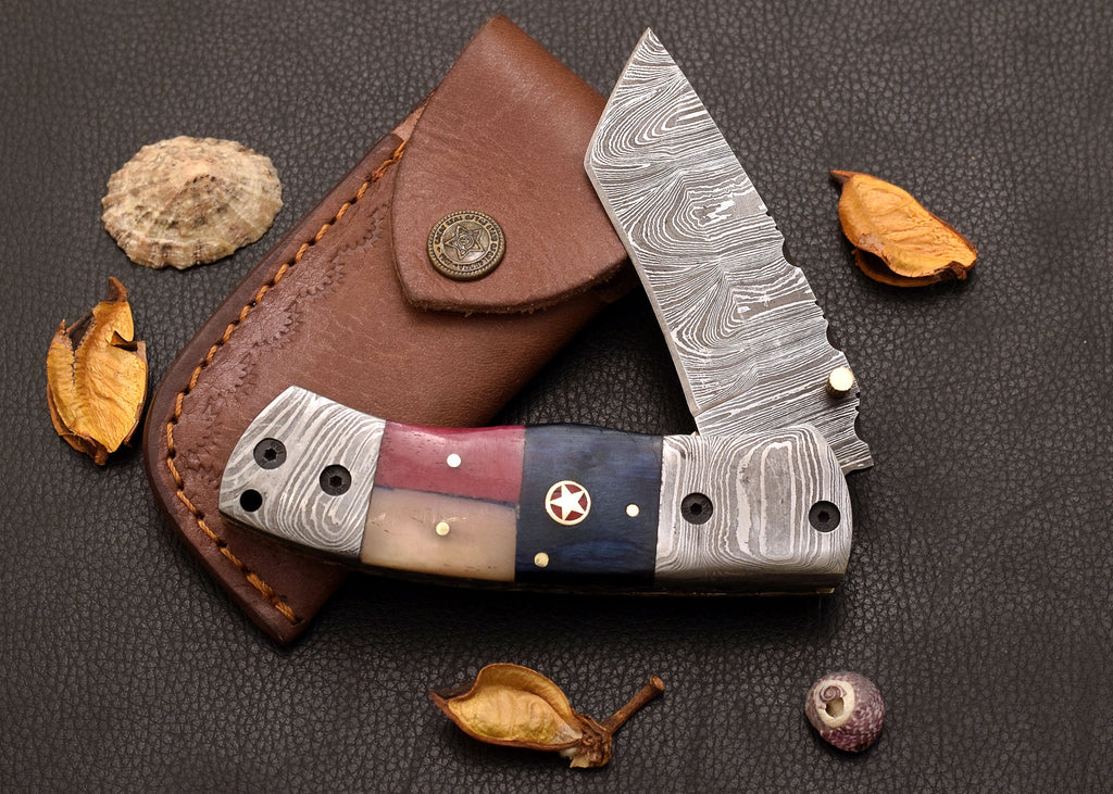 Prairie Tricolor Damascus folding EDC knife with tri-colour handle