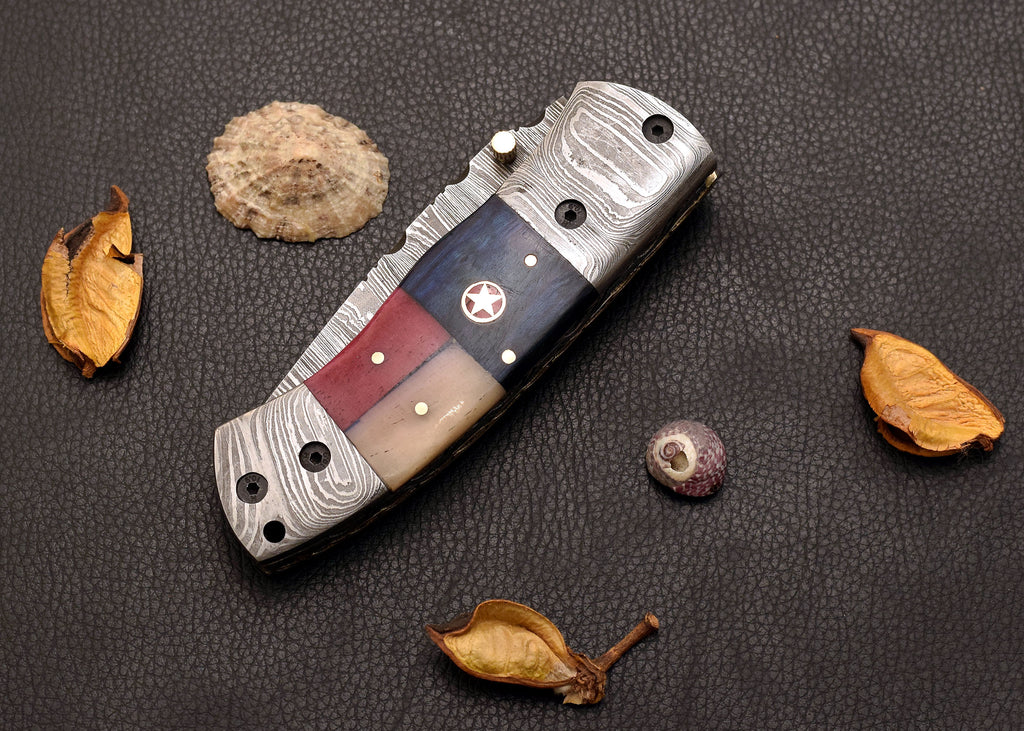 Prairie Tricolor Damascus folding EDC knife with tri-colour handle