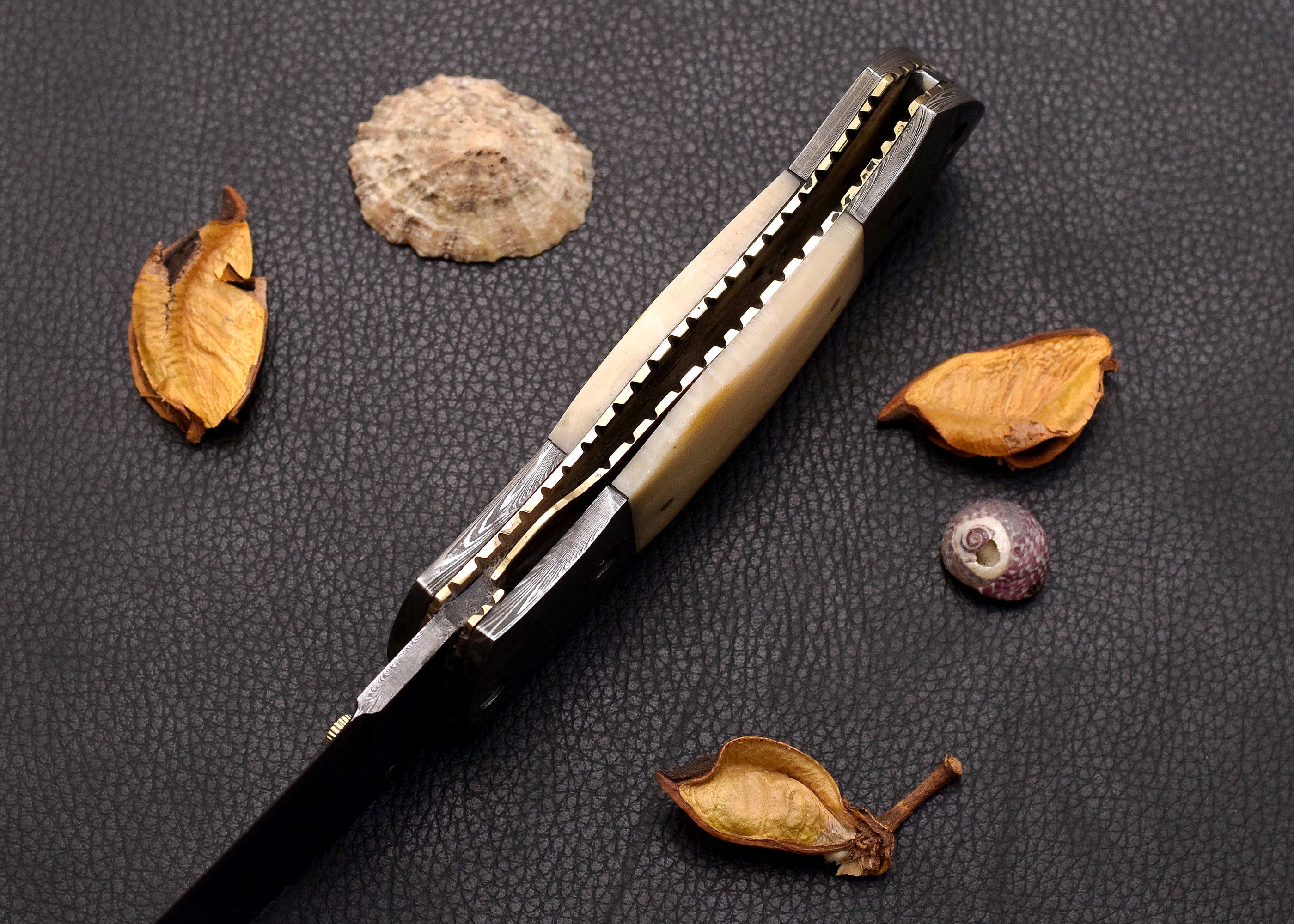 Driftbone Damascus folding EDC knife with cream bone handle