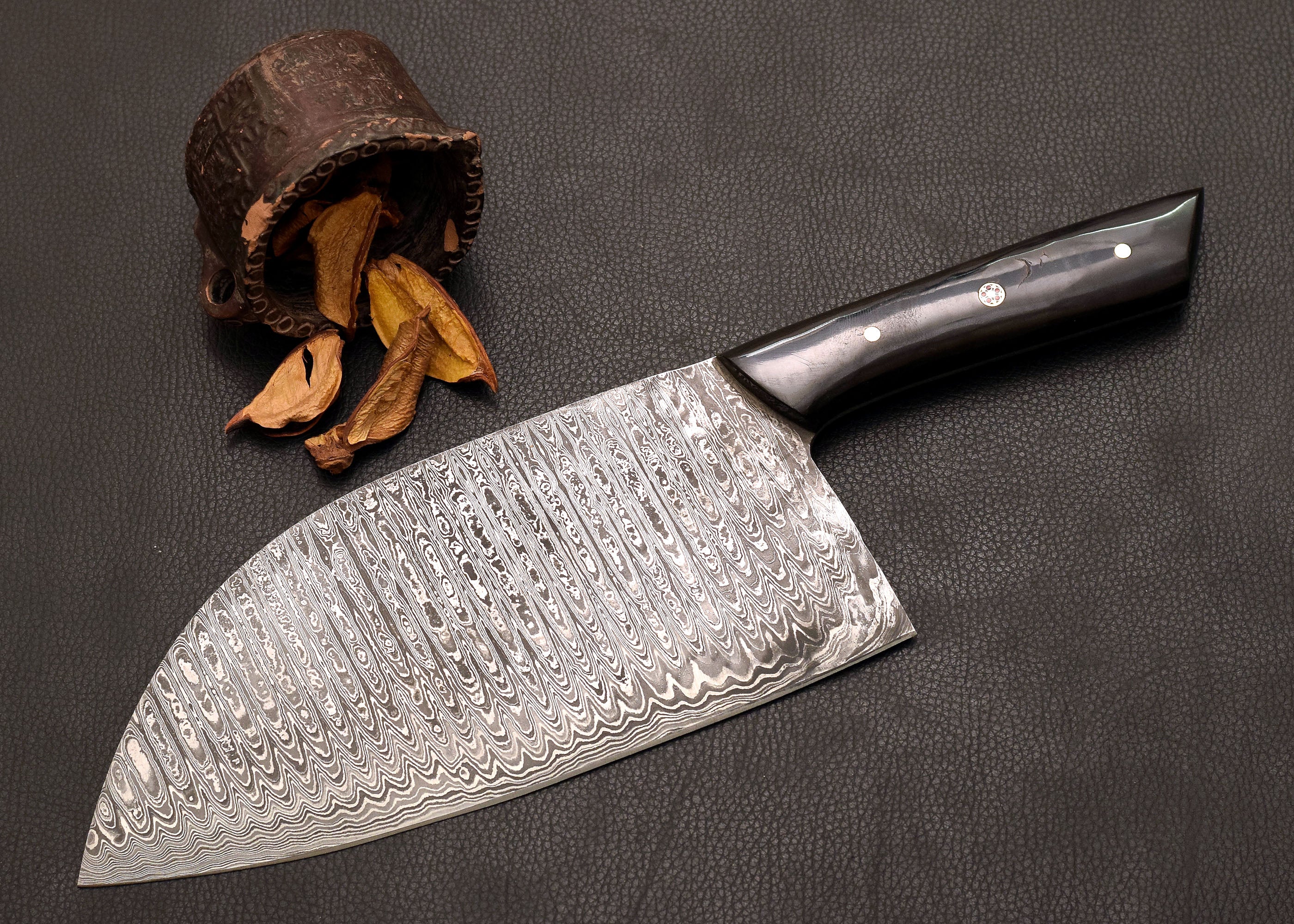 Forge Cleaver Damascus kitchen cleaver with leather sheath
