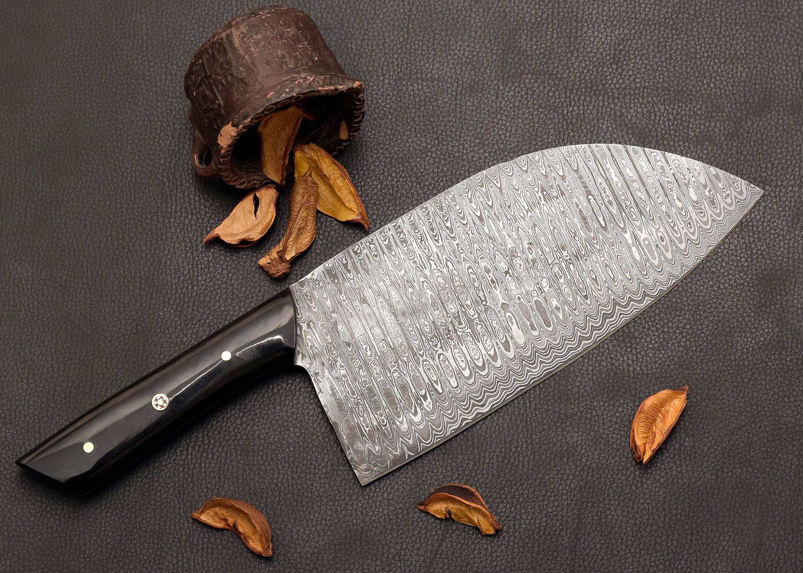 Forge Cleaver Damascus kitchen cleaver with leather sheath