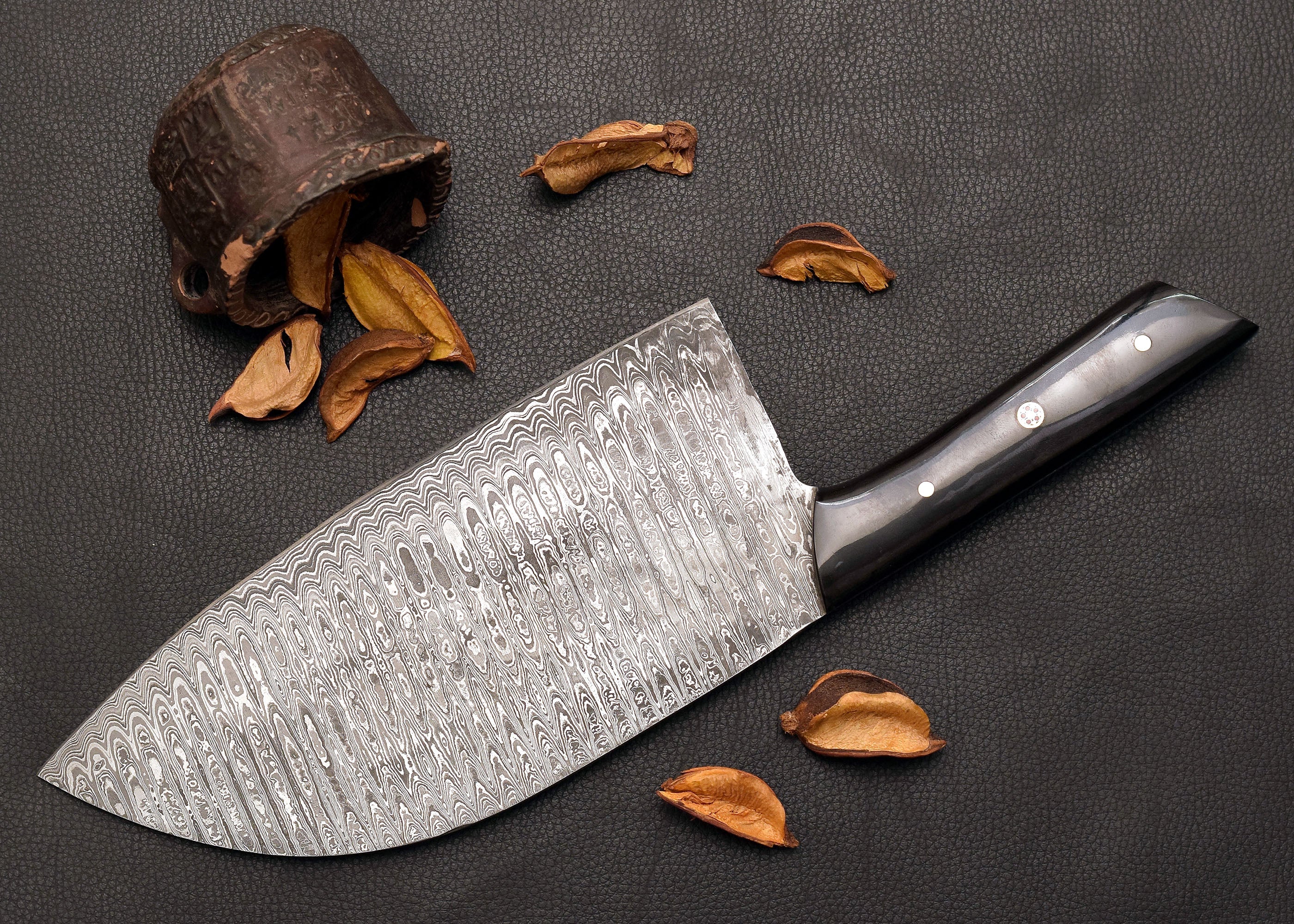 Forge Cleaver Damascus kitchen cleaver with leather sheath