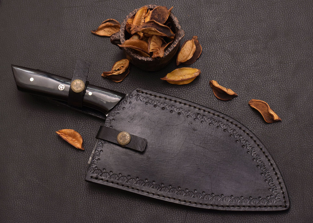Forge Cleaver Damascus kitchen cleaver with leather sheath