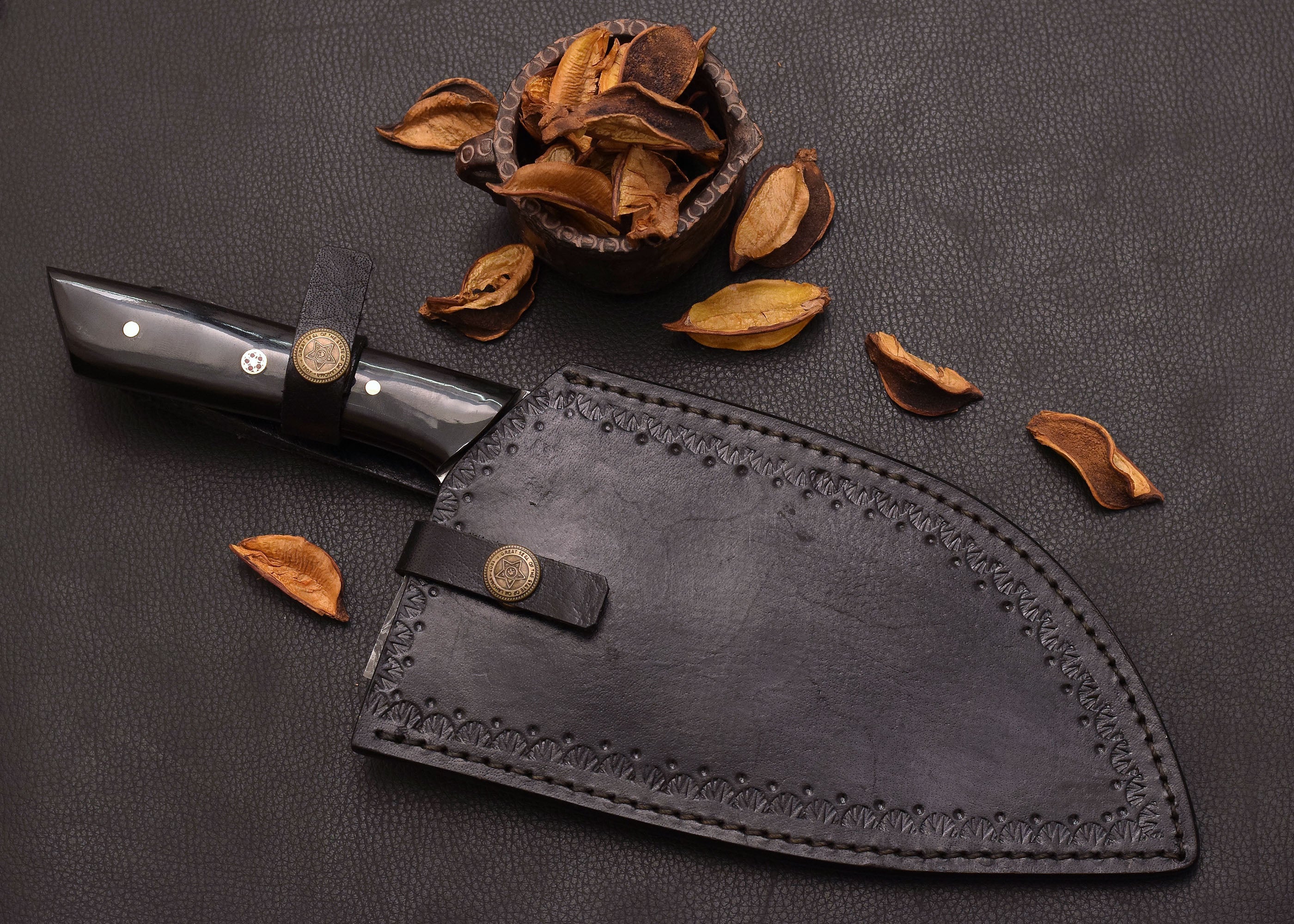 Forge Cleaver Damascus kitchen cleaver with leather sheath