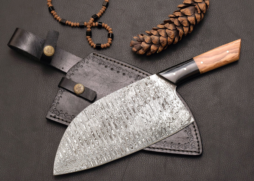 Forge Cleaver Damascus kitchen cleaver with leather sheath