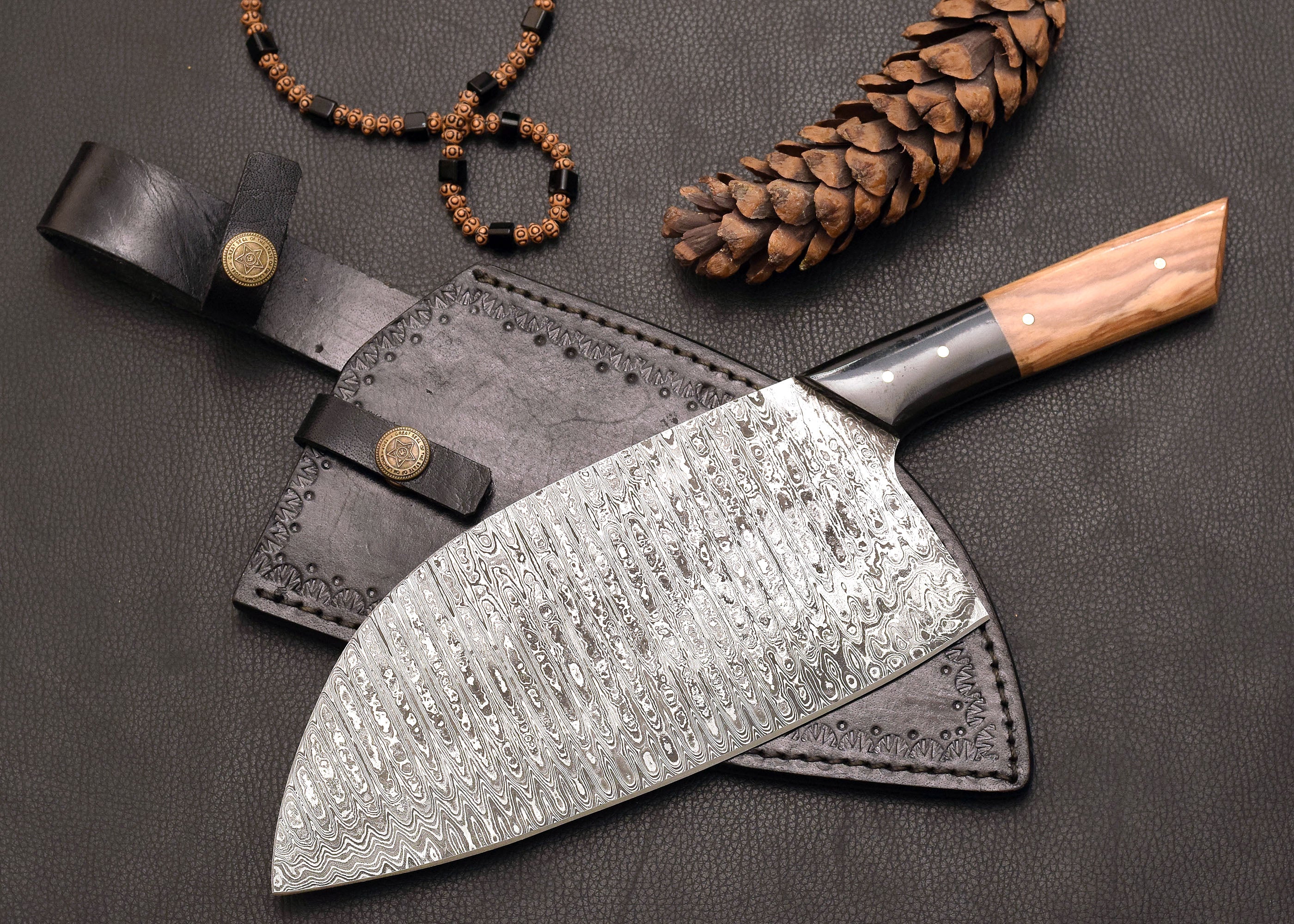 Forge Cleaver Damascus kitchen cleaver with leather sheath