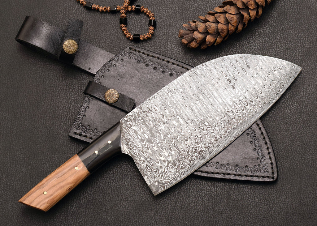 Forge Cleaver Damascus kitchen cleaver with leather sheath