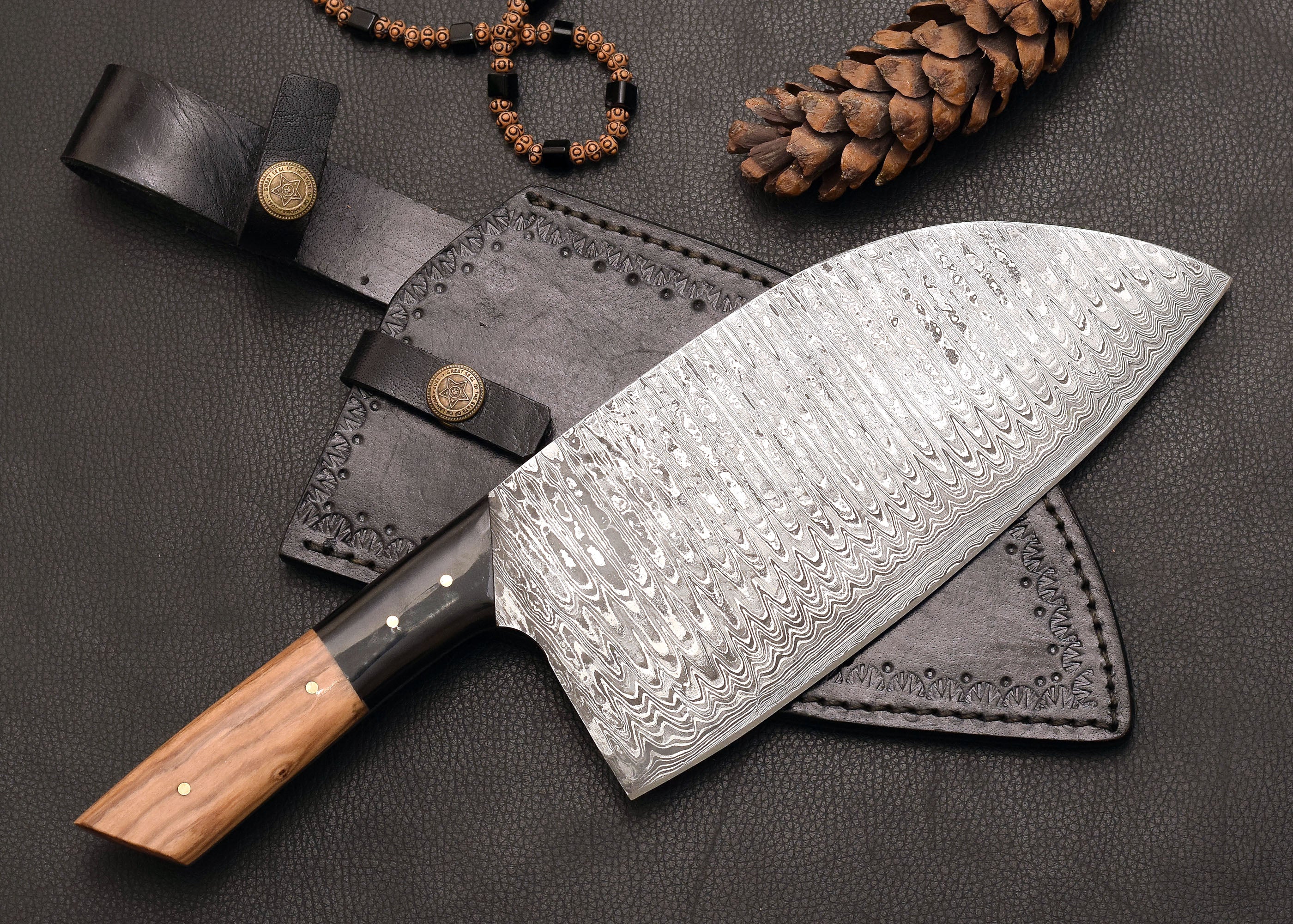 Forge Cleaver Damascus kitchen cleaver with leather sheath