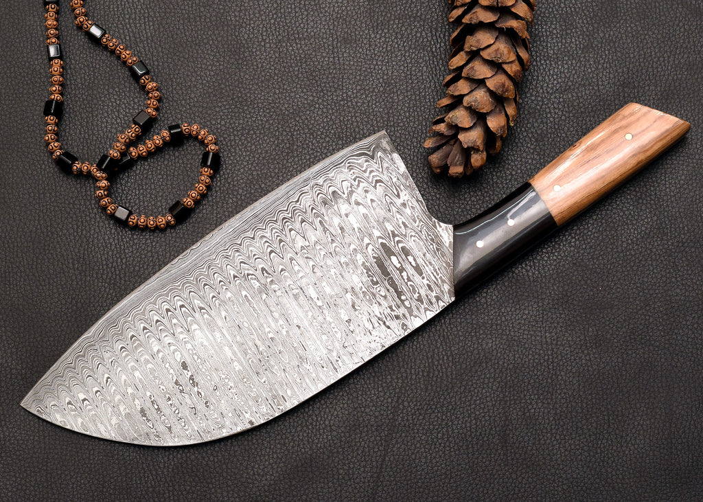 Forge Cleaver Damascus kitchen cleaver with leather sheath
