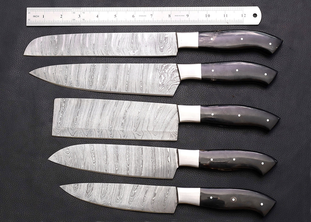 Shadowhorn 5-piece Damascus chef knife set with buffalo horn handles