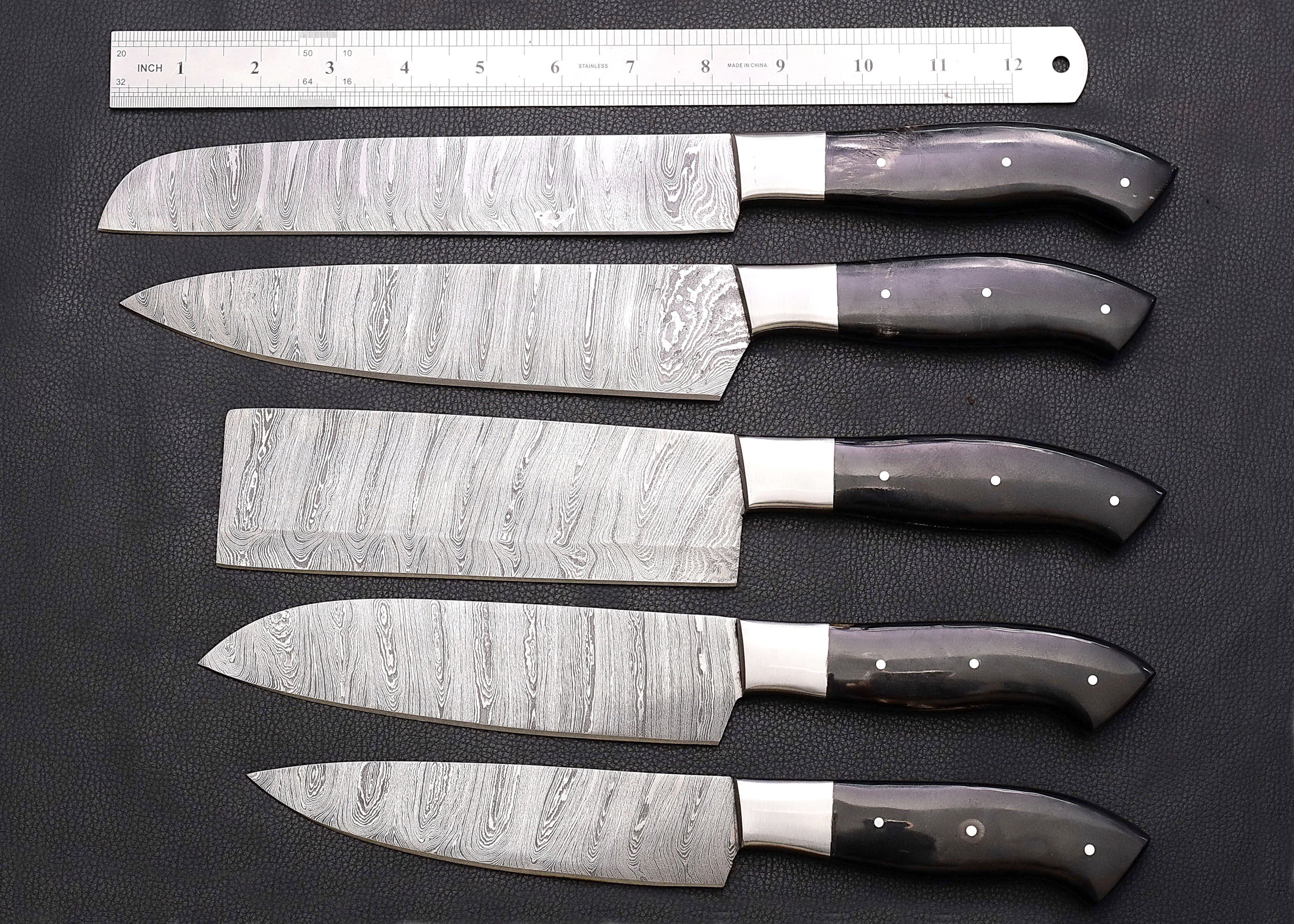 Shadowhorn 5-piece Damascus chef knife set with buffalo horn handles