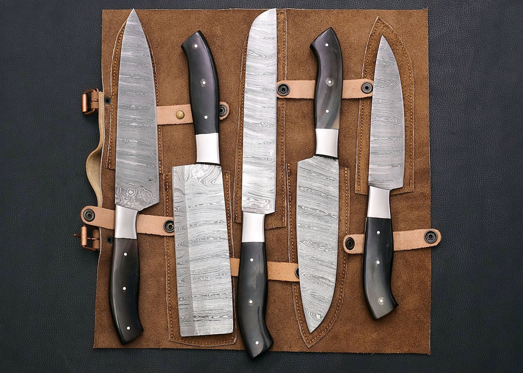 Shadowhorn 5-piece Damascus chef knife set with buffalo horn handles