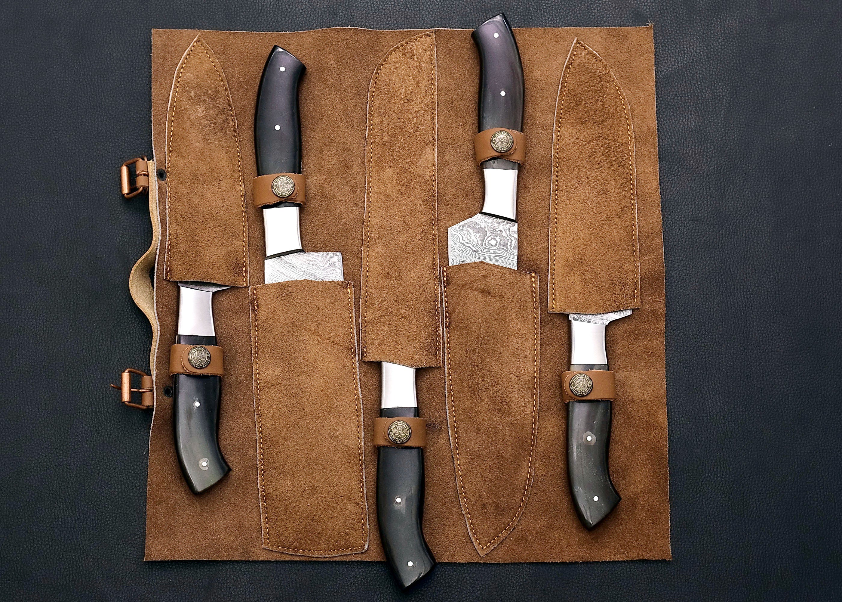 Shadowhorn 5-piece Damascus chef knife set with buffalo horn handles