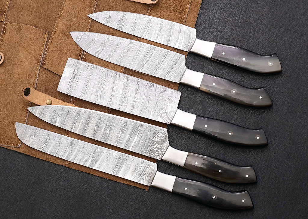 Shadowhorn 5-piece Damascus chef knife set with buffalo horn handles