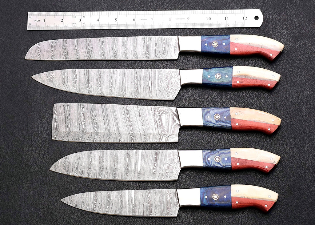 Liberty Damascus chef knife set with red, white and blue star inlay handles