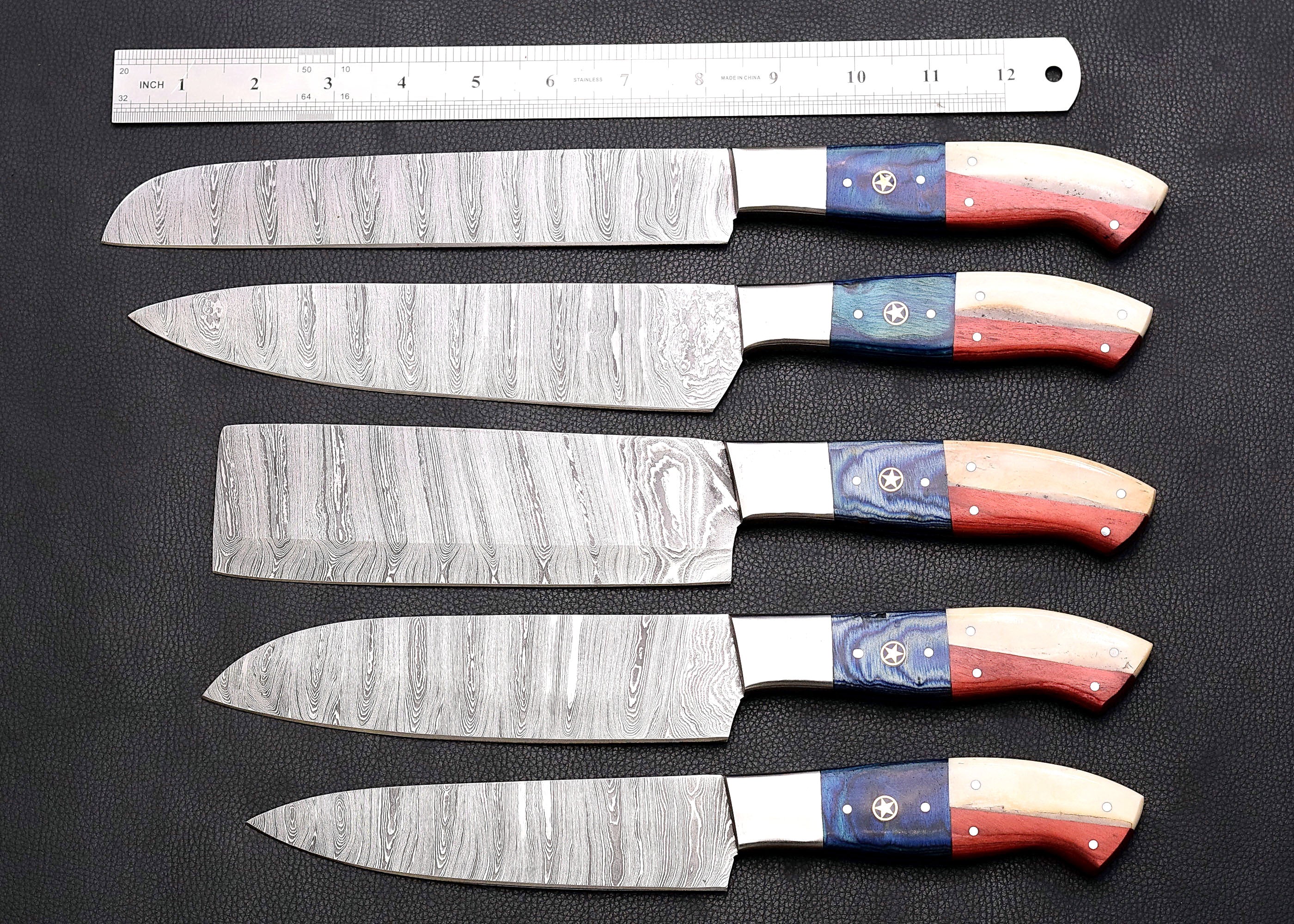 Liberty Damascus chef knife set with red, white and blue star inlay handles