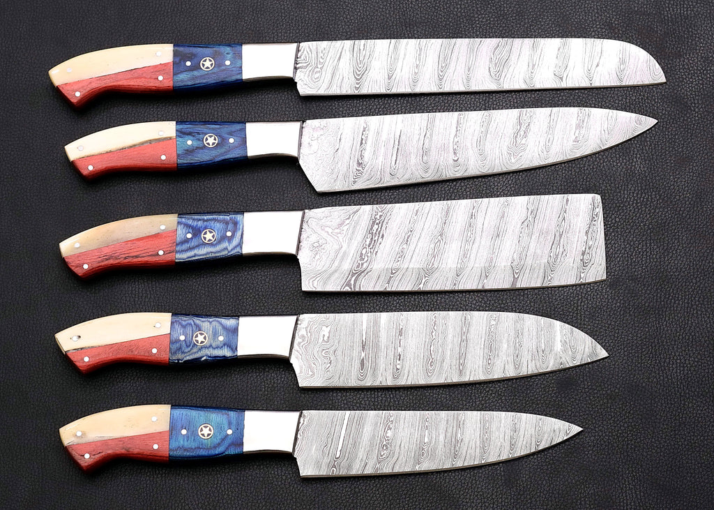 Liberty Damascus chef knife set with red, white and blue star inlay handles