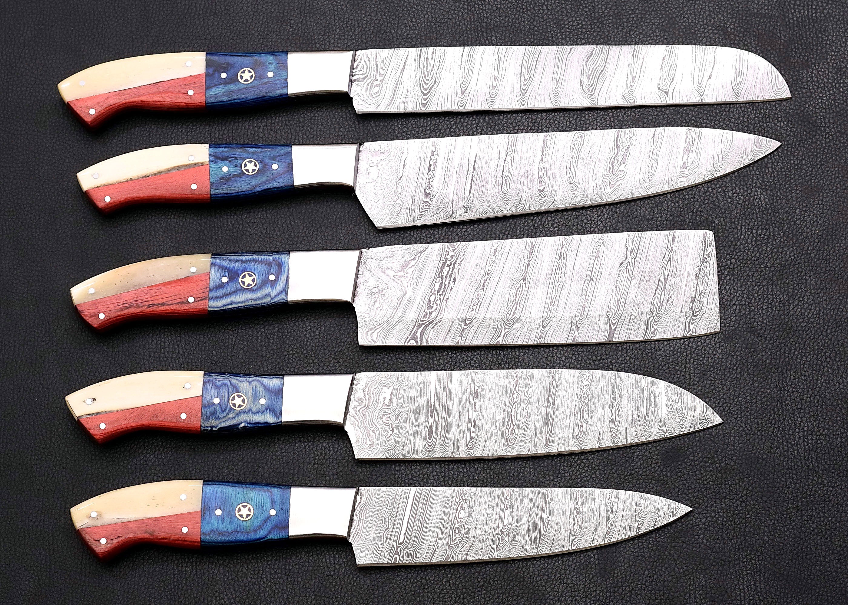 Liberty Damascus chef knife set with red, white and blue star inlay handles