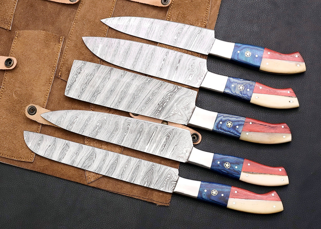 Liberty Damascus chef knife set with red, white and blue star inlay handles