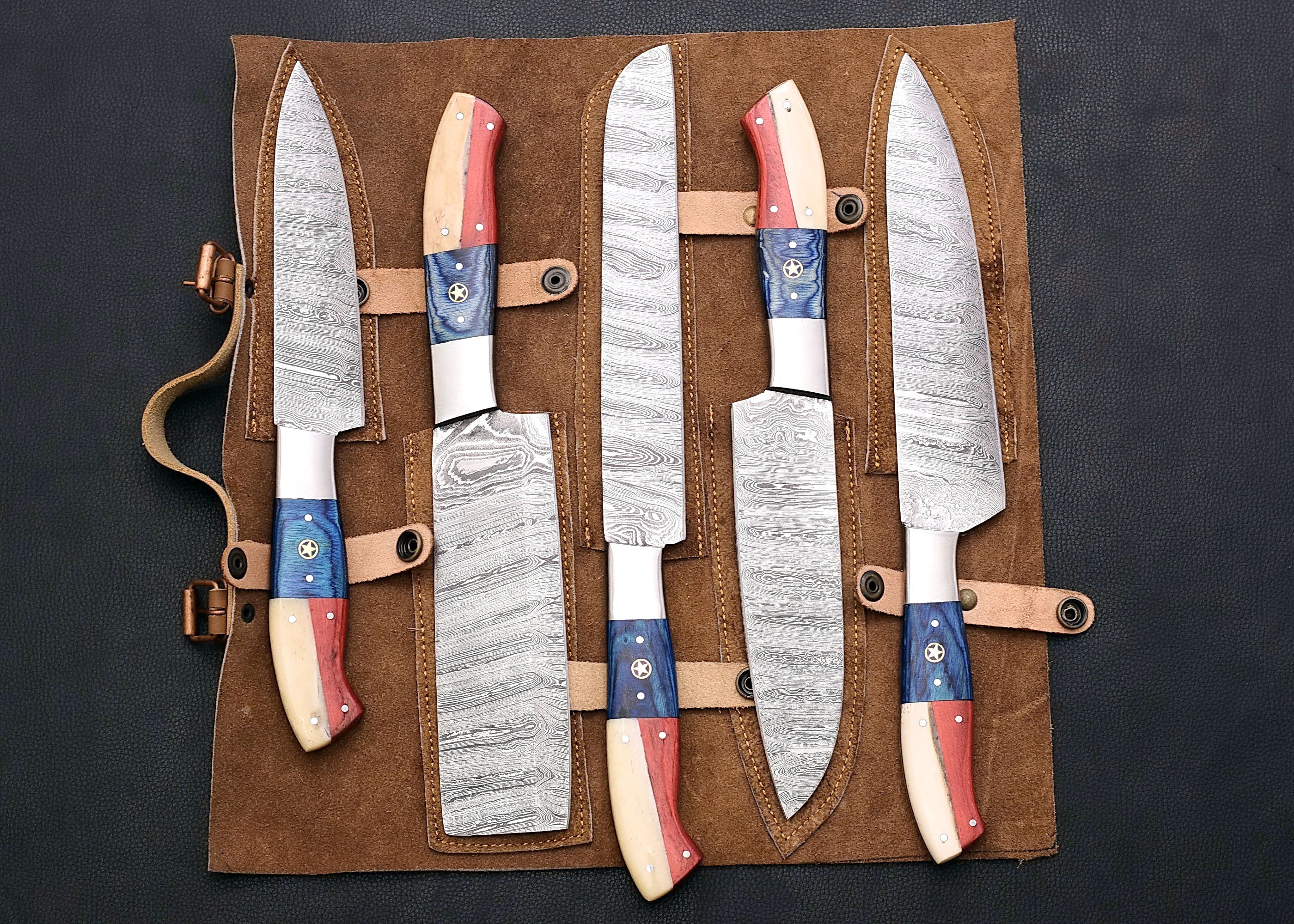 Liberty Damascus chef knife set with red, white and blue star inlay handles