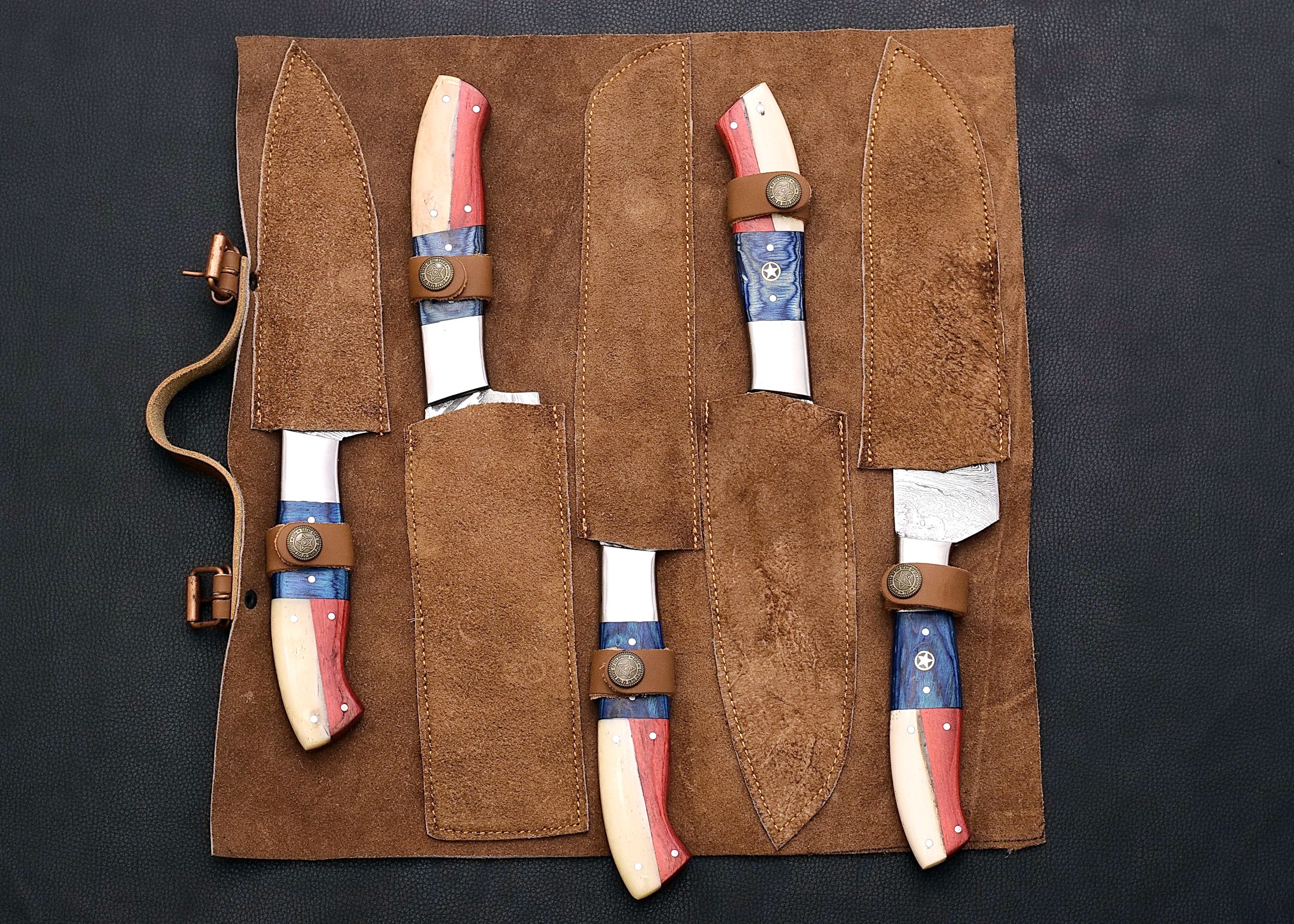Liberty Damascus chef knife set with red, white and blue star inlay handles
