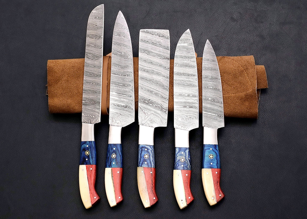 Liberty Damascus chef knife set with red, white and blue star inlay handles