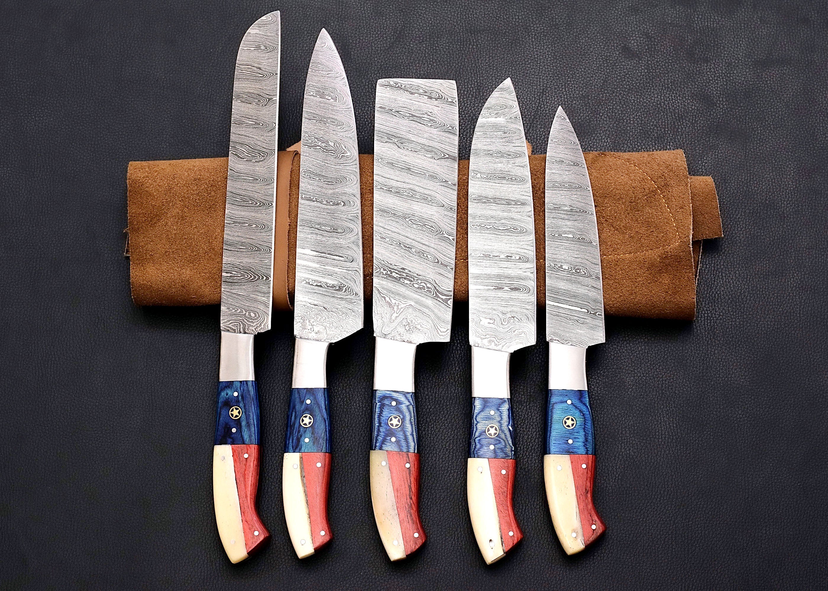 Liberty Damascus chef knife set with red, white and blue star inlay handles