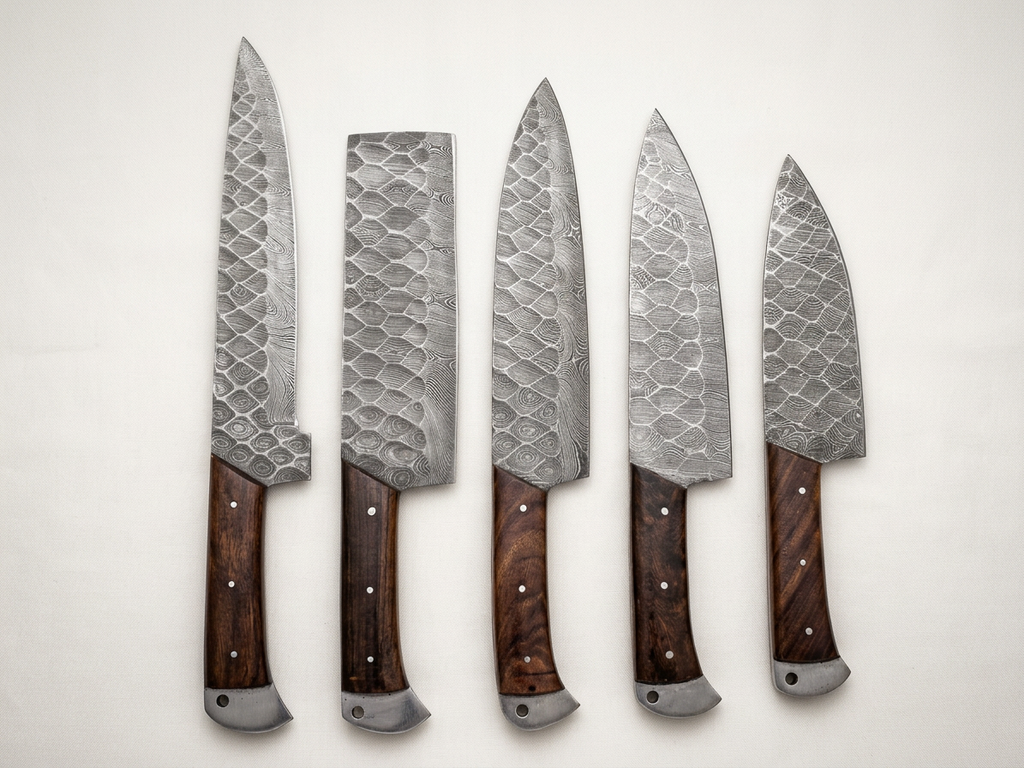 Scaleforge 5-piece Damascus chef knife set with rosewood steel-cap handles
