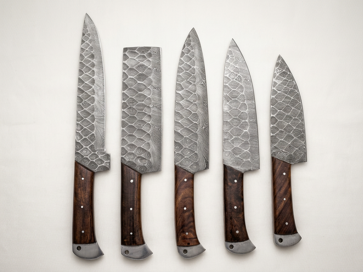 Scaleforge 5-piece Damascus chef knife set with rosewood steel-cap handles