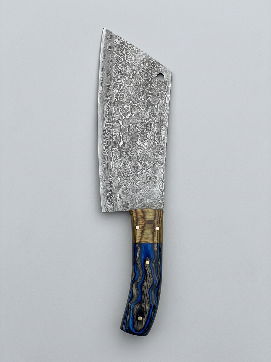 Mosaic Damascus Butcher Cleaver — Blue Resin Handle
