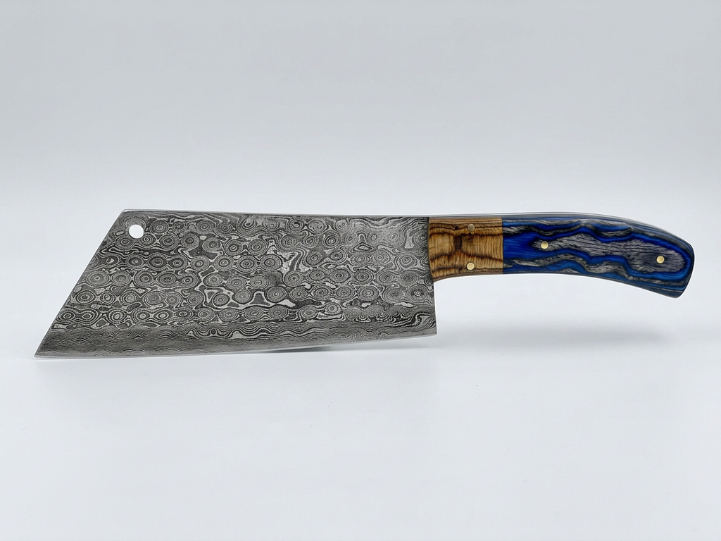 Mosaic Damascus Butcher Cleaver — Blue Resin Handle
