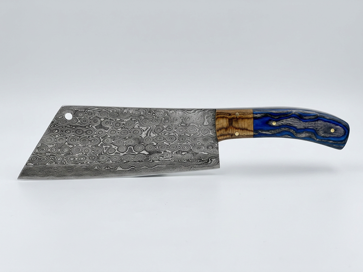 Mosaic Damascus Butcher Cleaver — Blue Resin Handle