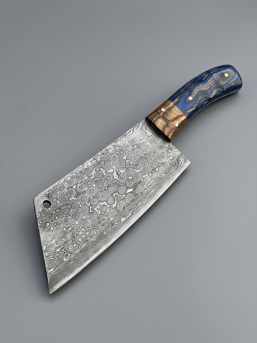 Mosaic Damascus Butcher Cleaver — Blue Resin Handle
