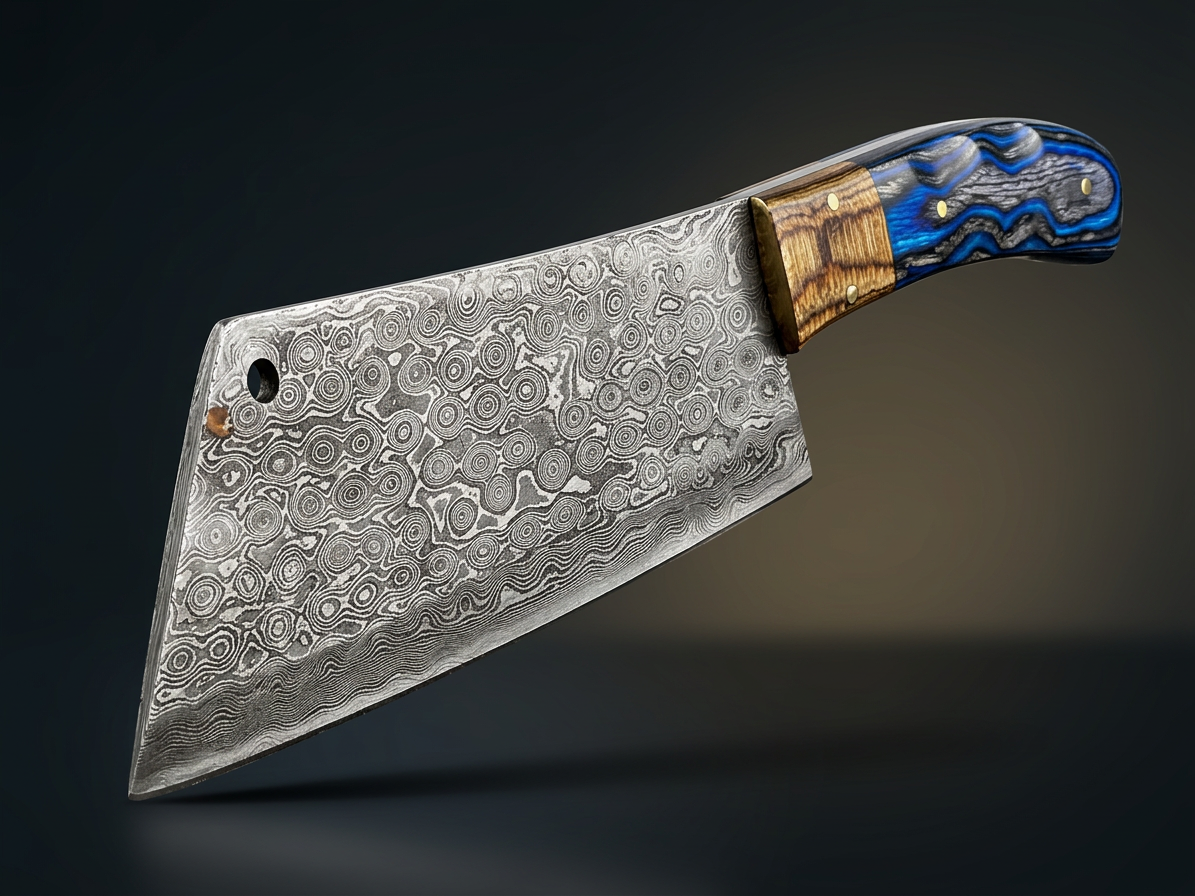 Mosaic Damascus Butcher Cleaver — Blue Resin Handle