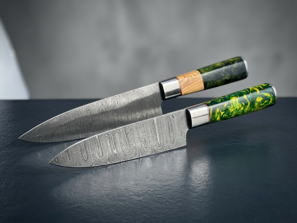 Verdant 2-Piece Damascus Chef Knife Set — Wood & Green Resin Handles