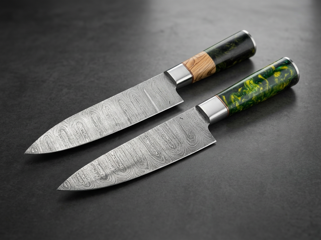 Verdant 2-Piece Damascus Chef Knife Set — Wood & Green Resin Handles