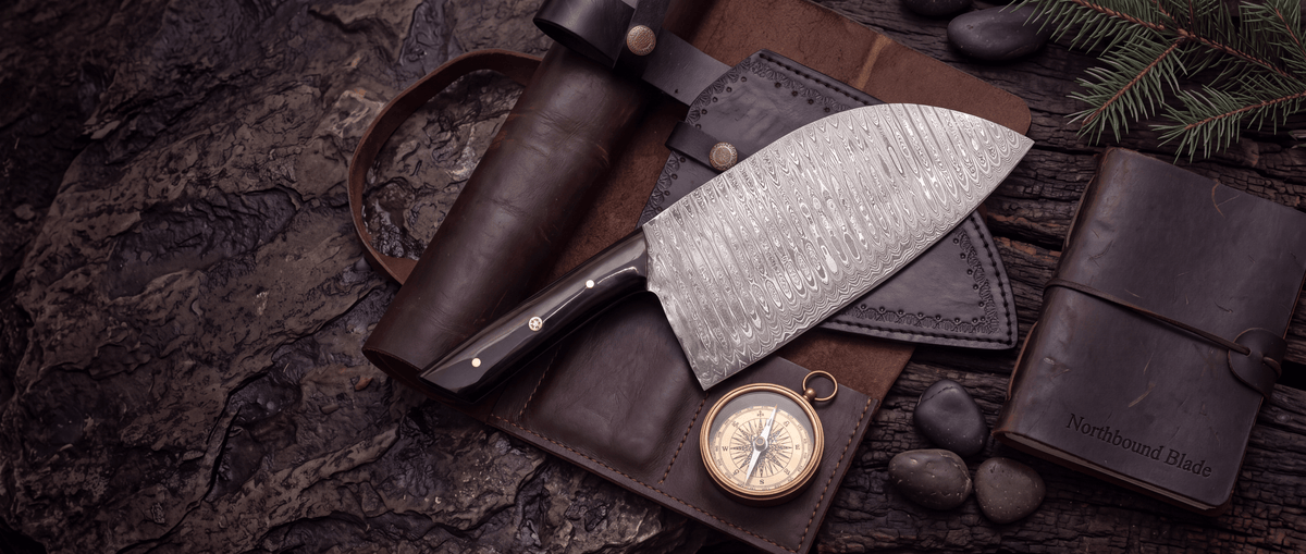 Hand-forged Damascus kitchen knife on a leather roll