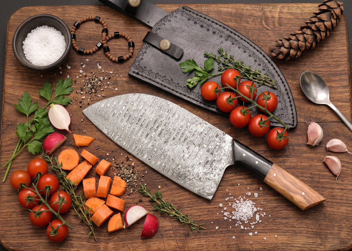 Damascus steel chef knife with buffalo horn handle and leather sheath