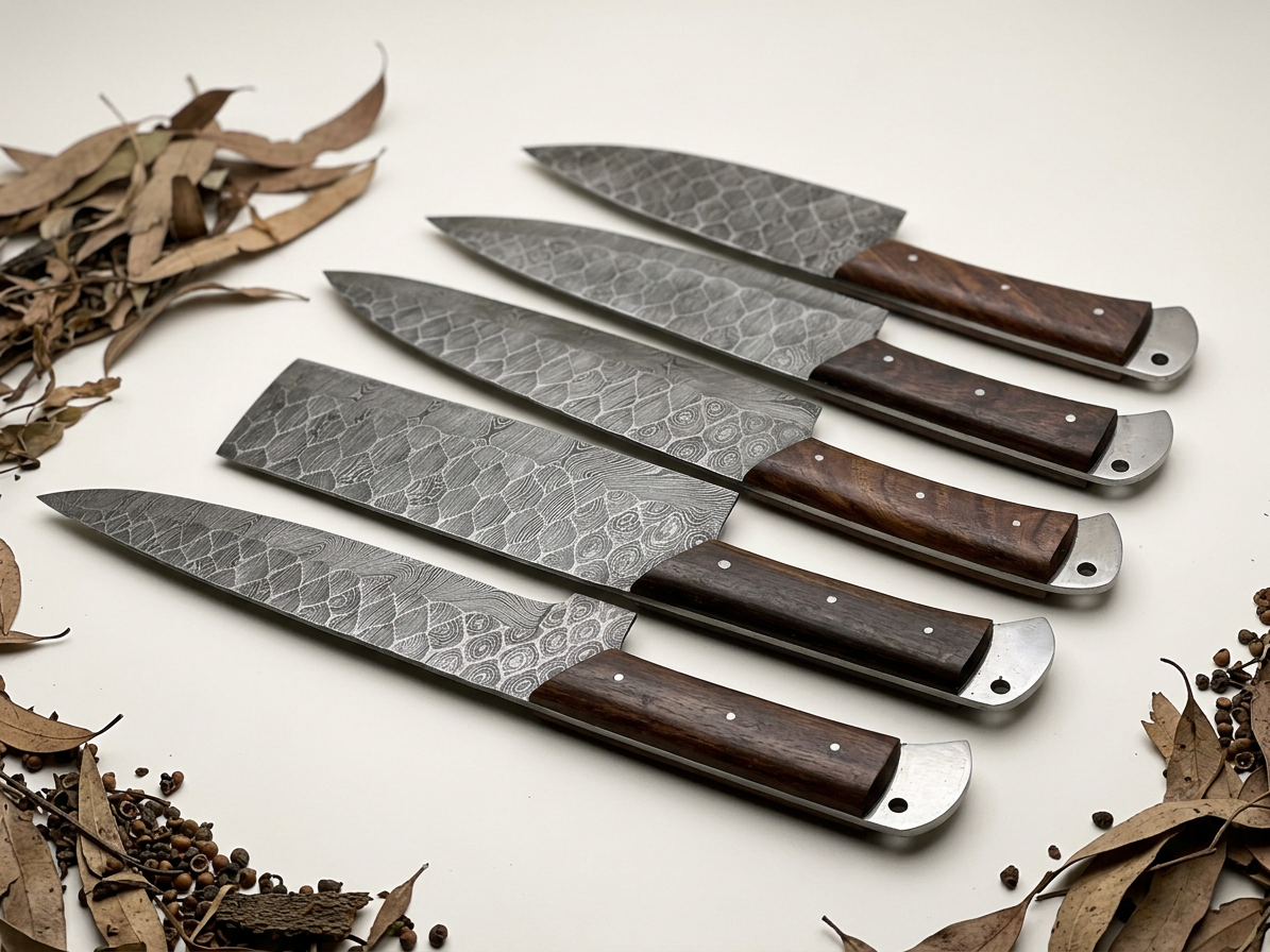 Five kitchen knives with patterned steel blades and dark brown wooden handles arranged diagonally on a light beige surface with dried leaves and peppercorns around them.