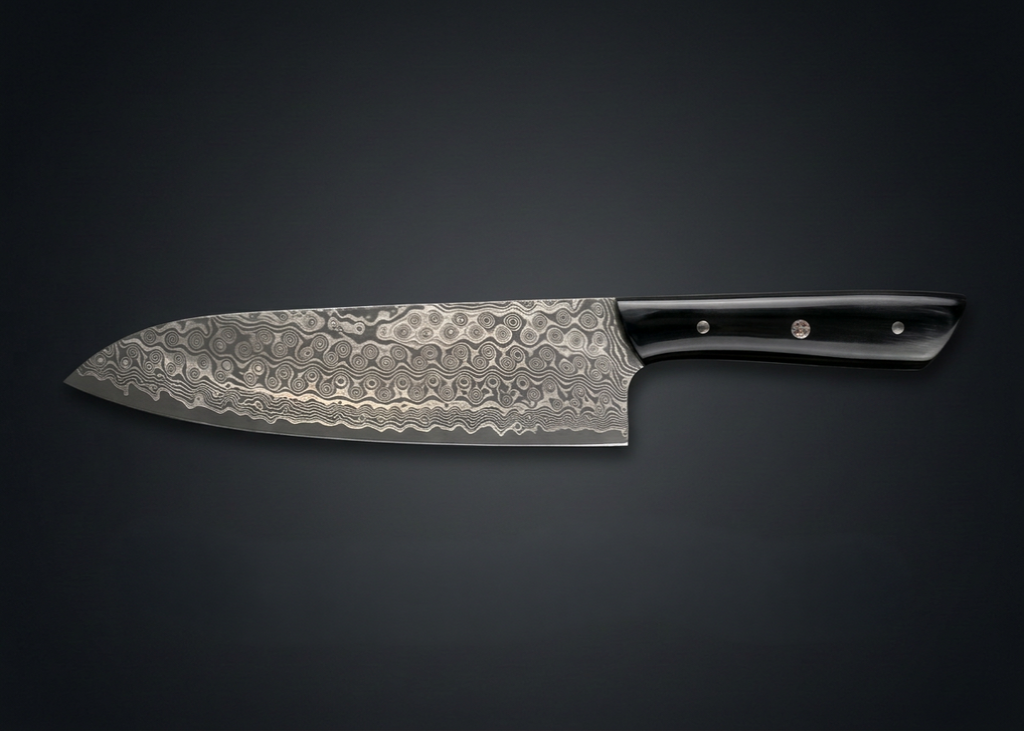Hand-forged Gyuto chef knife, buffalo horn handle, view 2