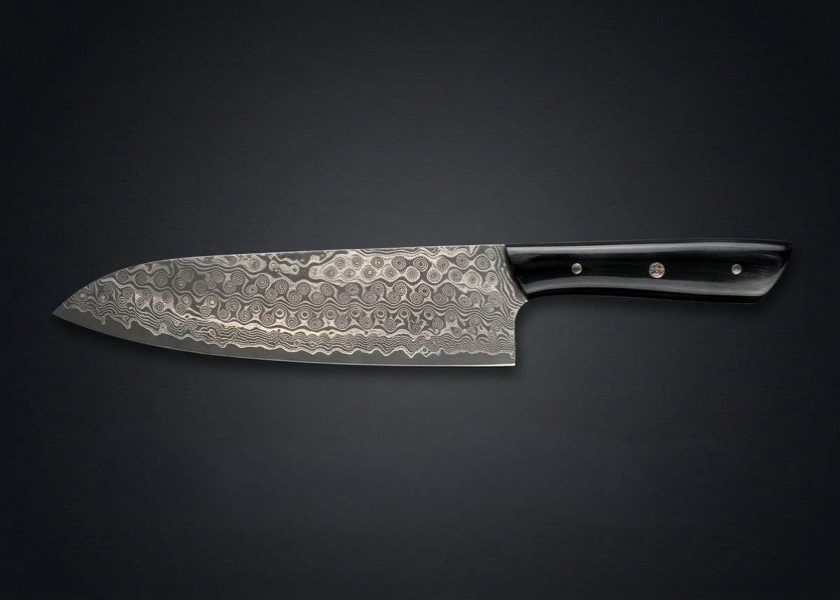 Hand-forged Gyuto chef knife, buffalo horn handle, view 2