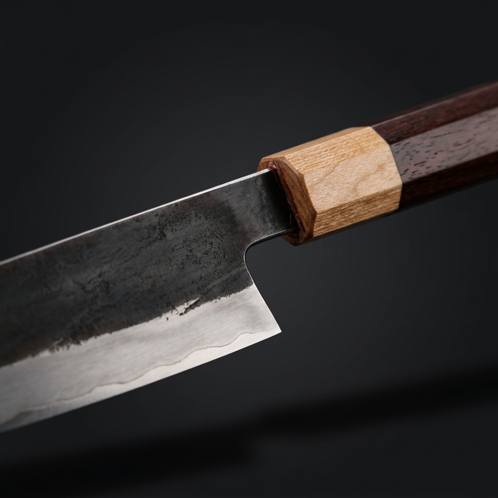 Hand-forged Gyuto chef knife, rosewood and maple handle, view 2