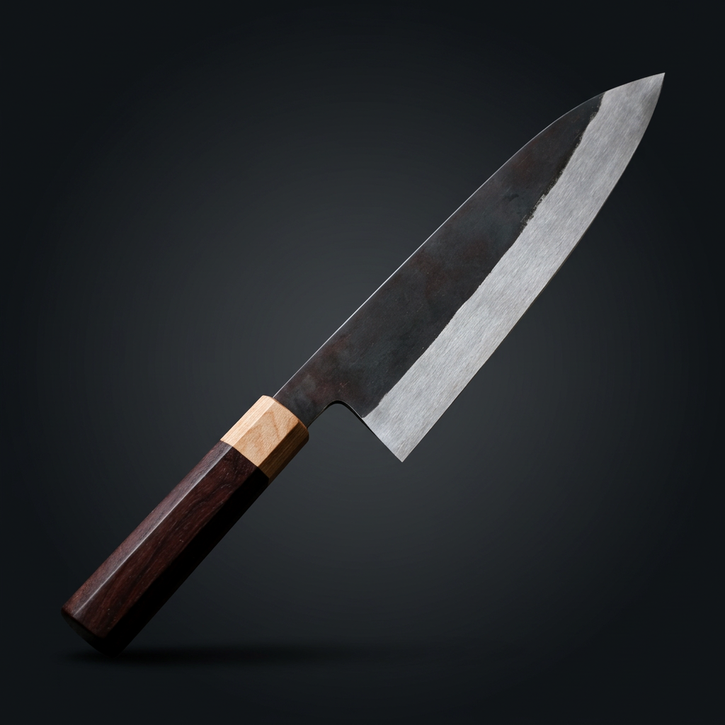 Hand-forged Gyuto chef knife, rosewood and maple handle, view 3